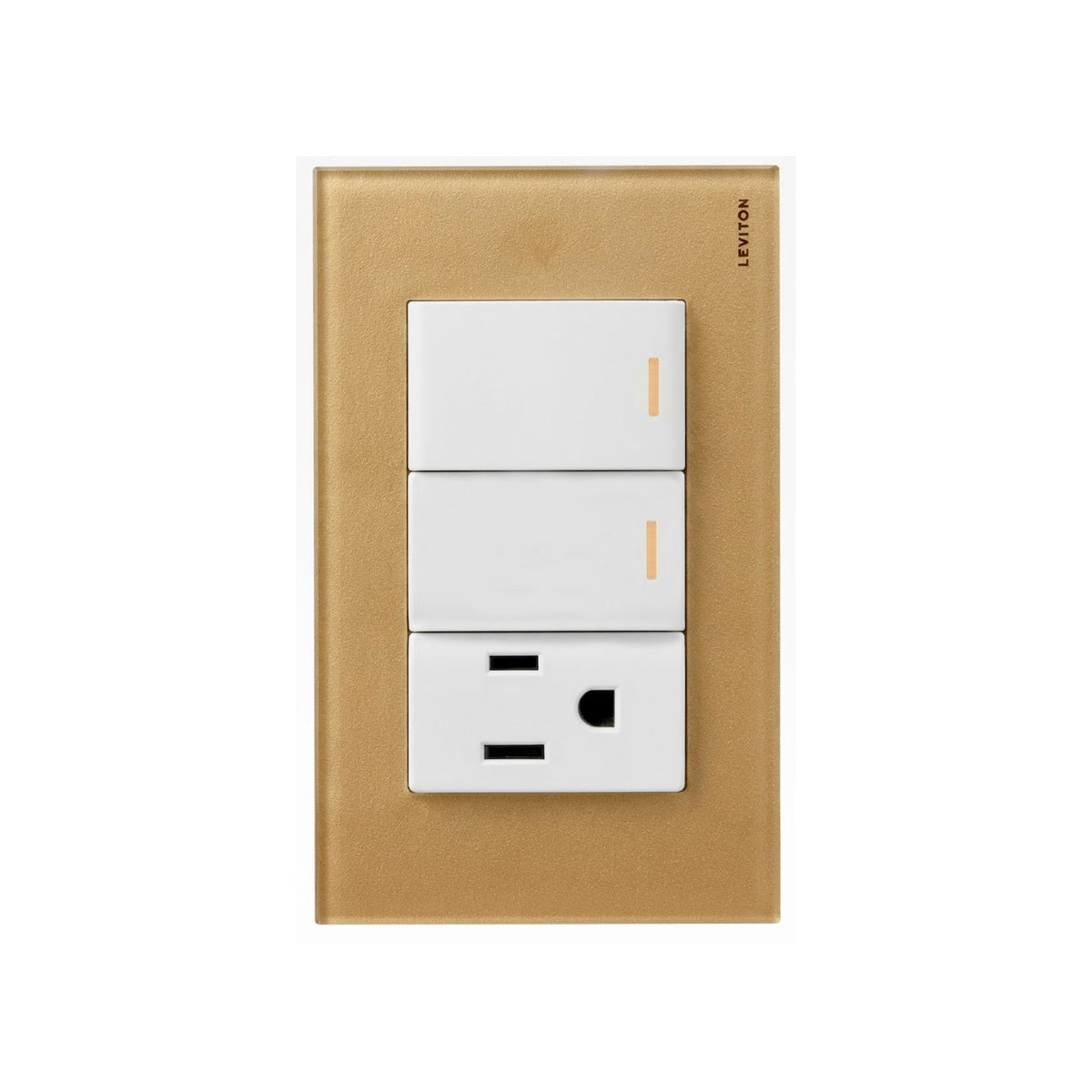 Placa de Cristal Dorado con 2 Apagadores y 1 Contacto Blanco Stalo Kristalo Leviton