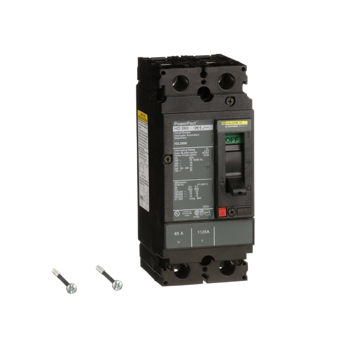 Interruptor termomagnético PowerPacT H, de 60A, 2 polos, 18kA a 600V, I-Line Schneider Electric HDL26060