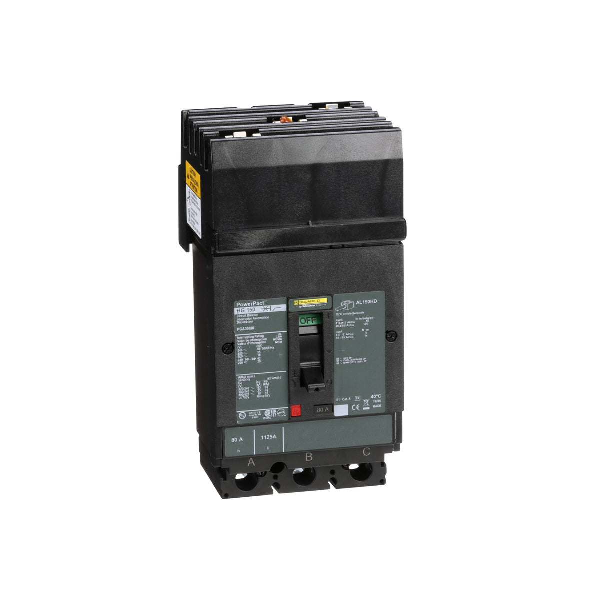 Interruptor termomagnético PowerPacT H, de 80A, 3 polos, 35kA a 600V, I-Line Schneider Electric HGA36080