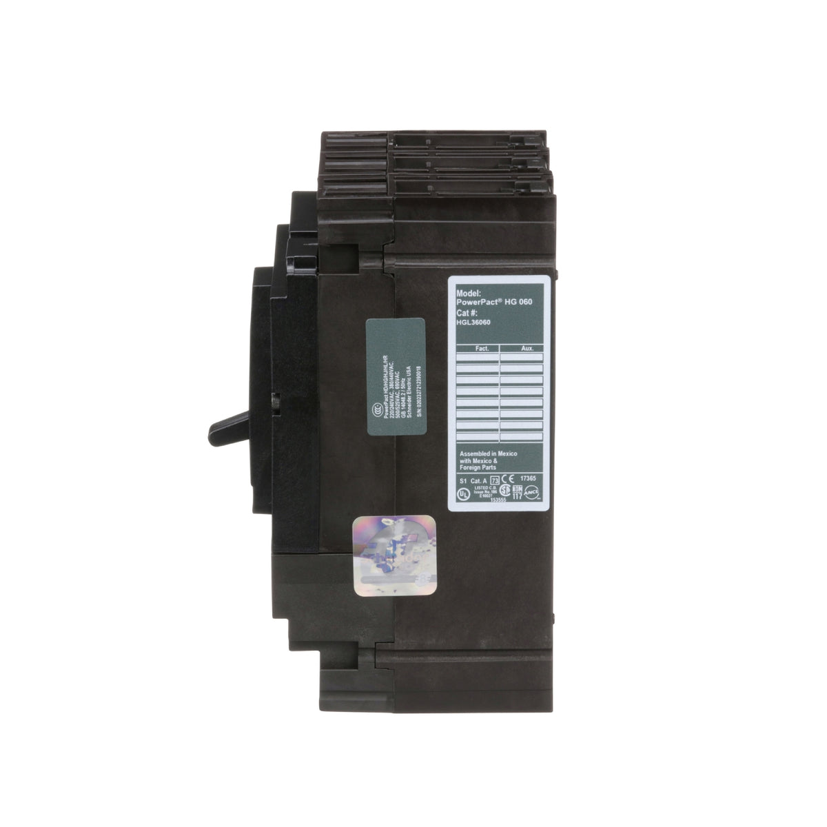 Interruptor termomagnético PowerPacT H, de 60A, 3 polos, 35kA a 600V, I-Line Schneider Electric HGL36060