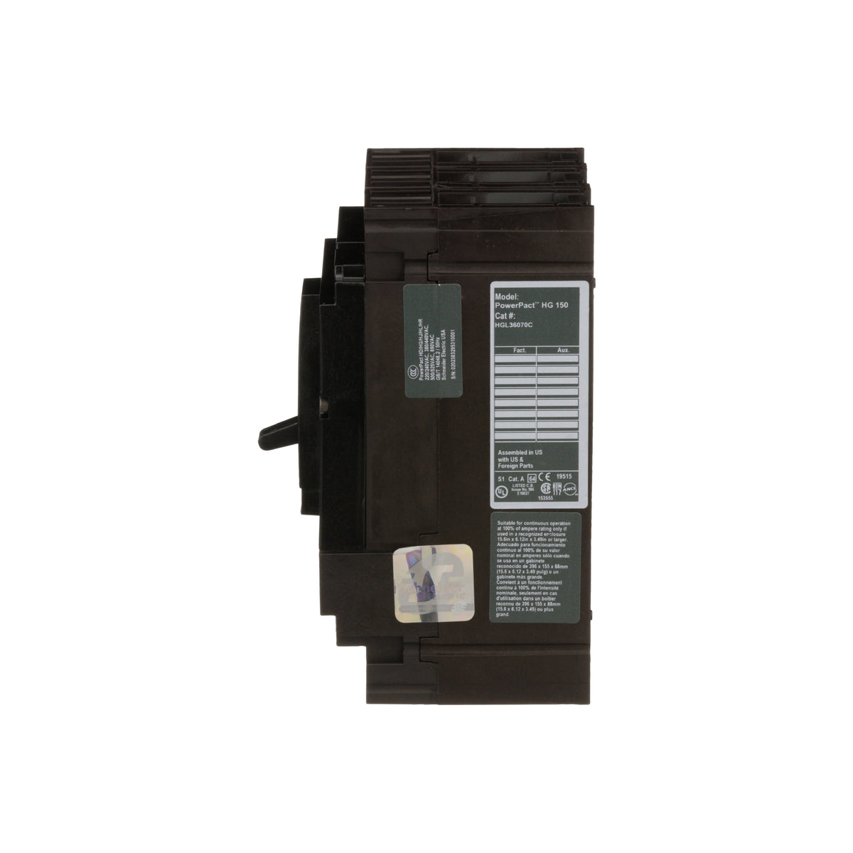 Interruptor termomagnético PowerPacT H, de 70A, 3 polos, 18kA a 600V, I-Line Schneider Electric HGL36070