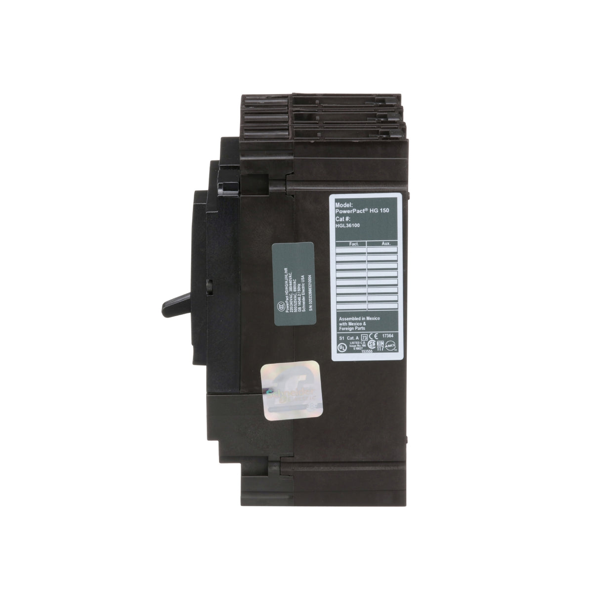 Interruptor termomagnético PowerPacT H, de 100A, 3 polos, 18kA a 600V, I-Line Schneider Electric HGL36100