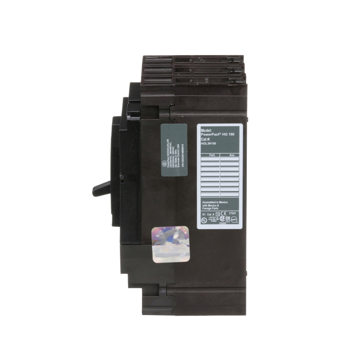 Interruptor termomagnético PowerPacT H, de 150A, 3 polos, 35kA a 600V, I-Line Schneider Electric HGL36150