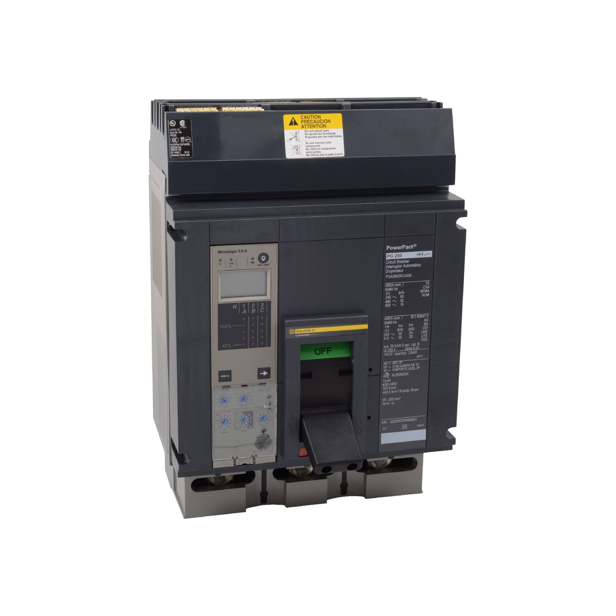 Interruptor Electrónico Powerpact P, de 1200A, 3 Polos, 18 kA a 600V, I-Line, 3.0A Schneider Electric PGA36120U41A
