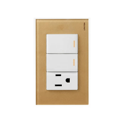 Placa de Cristal Dorado con 2 Apagadores y 1 Contacto Blanco Stalo Kristalo Leviton