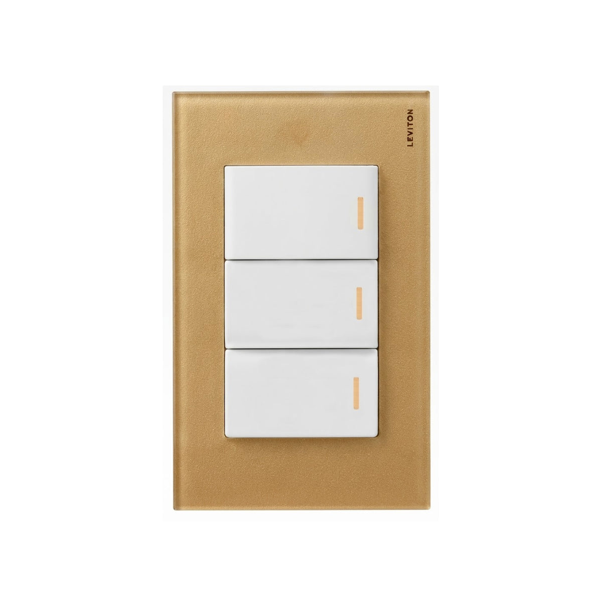 Placa de Cristal Dorado con 3 Apagadores Blancos Stalo Kristalo Leviton