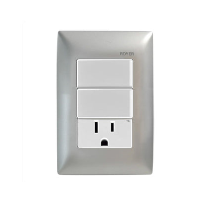 Placa Plata con 2 Apagadores y 1 Contacto Blanco Royer 100
