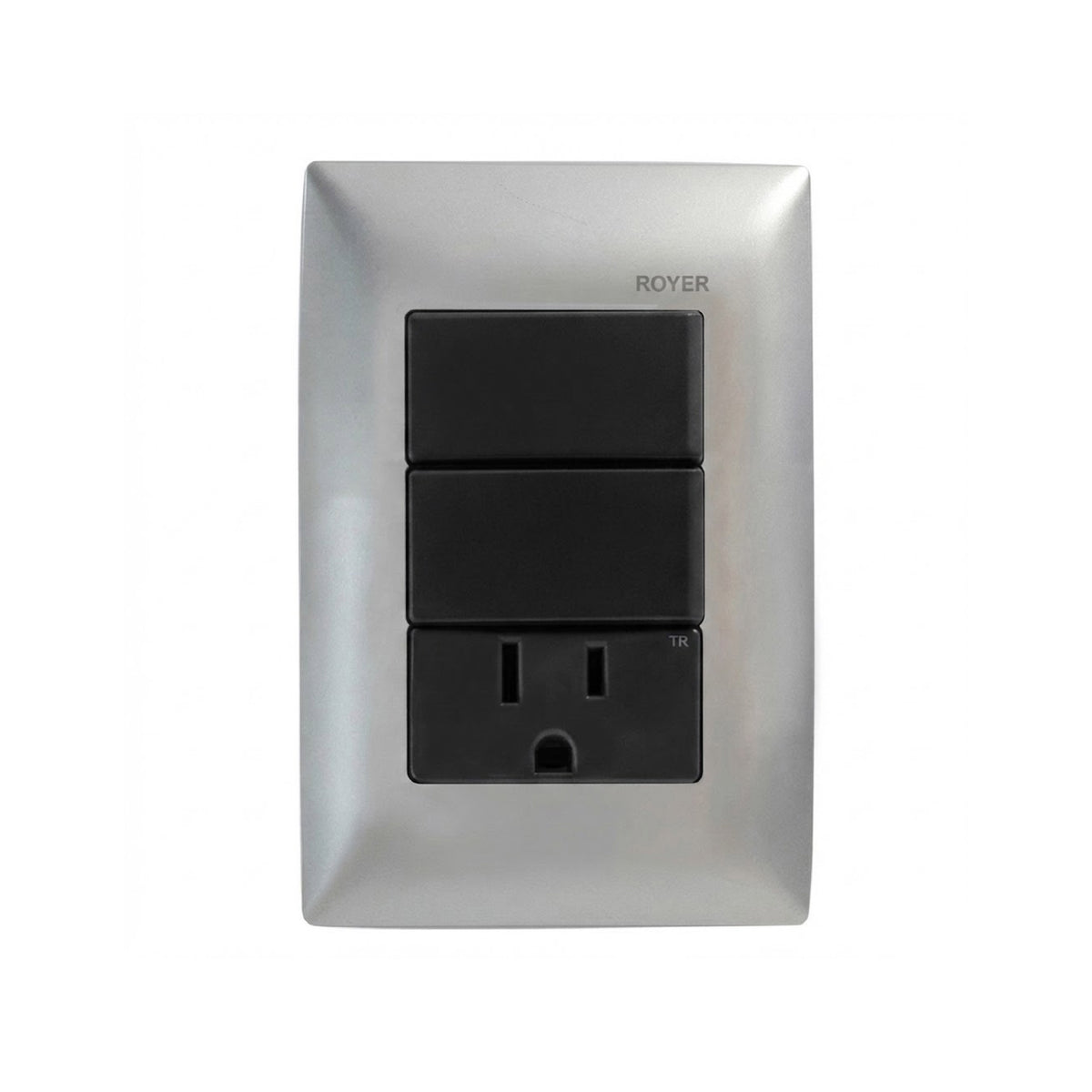 Placa Plata con 2 Apagadores y 1 Contacto Negro Royer 100