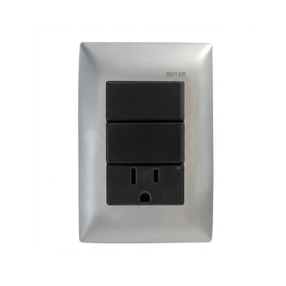 Placa Plata con 2 Apagadores y 1 Contacto Negro Royer 100
