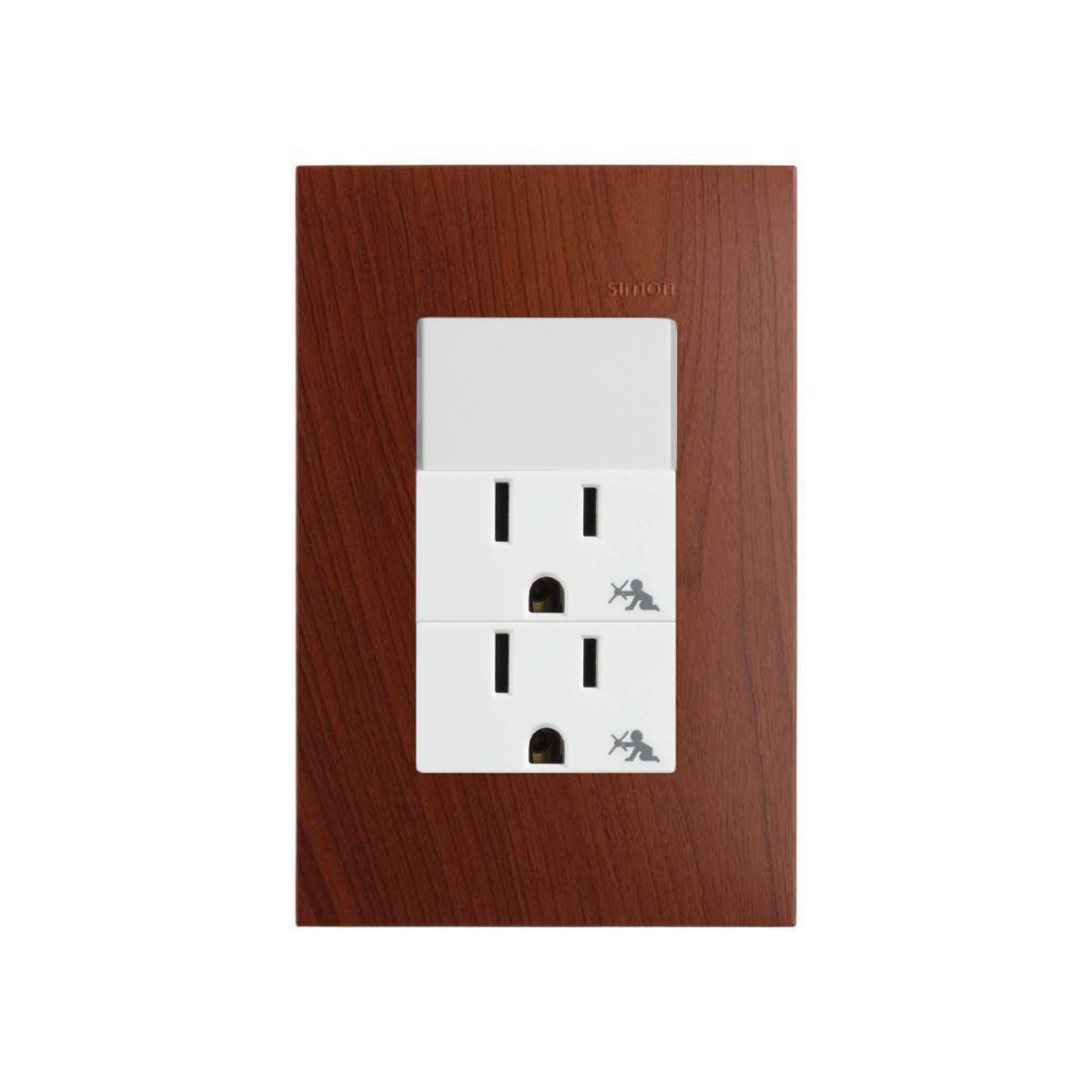 Placa de Madera Merbau con 1 Apagador y 2 Contactos 2P+T Blanco Simon 25