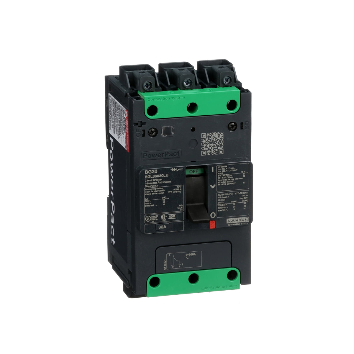 Interruptor, Powerpact B, 30A, 3 Polos, 600Y/347 VCA, 18 kA, Zapatas, Termomagnético, 80%, Cable de Control On Schneider Electric BGL36030LU