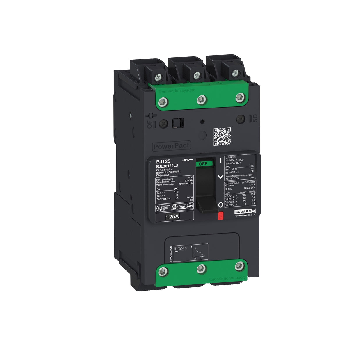 Interruptor, Powerpact B, 60 A, 3 Polos, 600 y/347 V CA, 18 kA, Terminales, Termomagnético, 80 %, Cable de Control en el Extremo Schneider Electric BGL36060LU