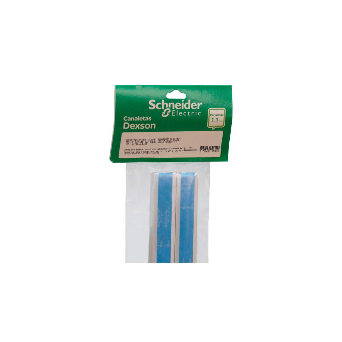 Mini Canaleta Dexson de 2 Tramos de 1.1 Metros de Largo, 25 MM Ancho, 25 MM Alto, Color Blanco, con Adhesivo Schneider Electric DXN10451
