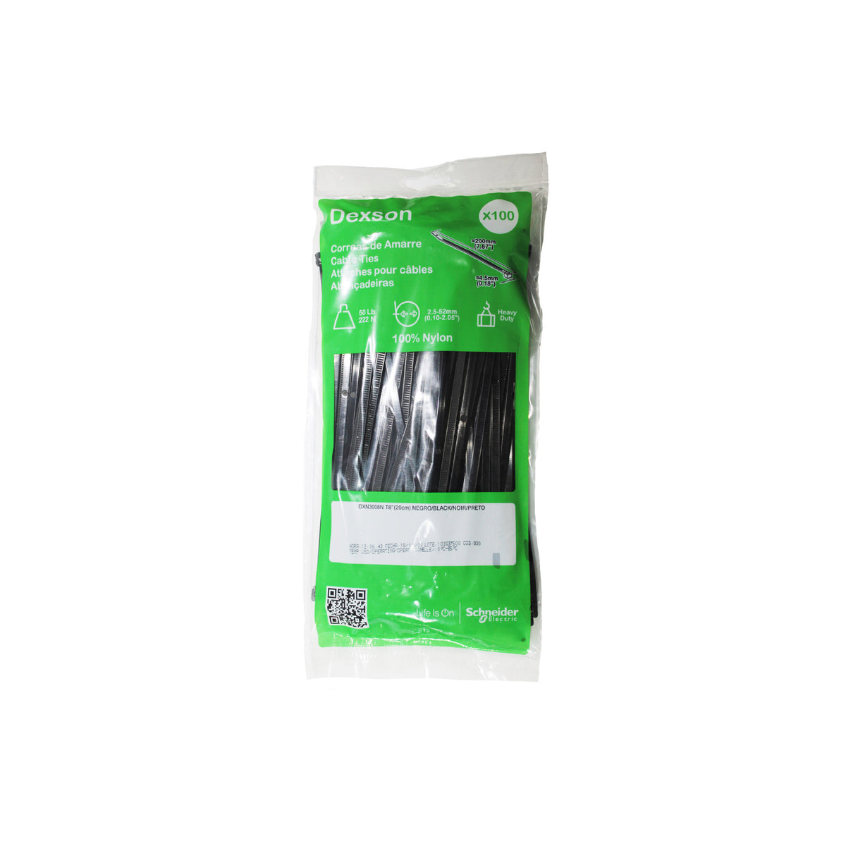 Cincho Dexson de 20 CM de Largo X 4.6 MM de Ancho, Color Negro, Incluye 100 Piezas Schneider Electric DXN3008N