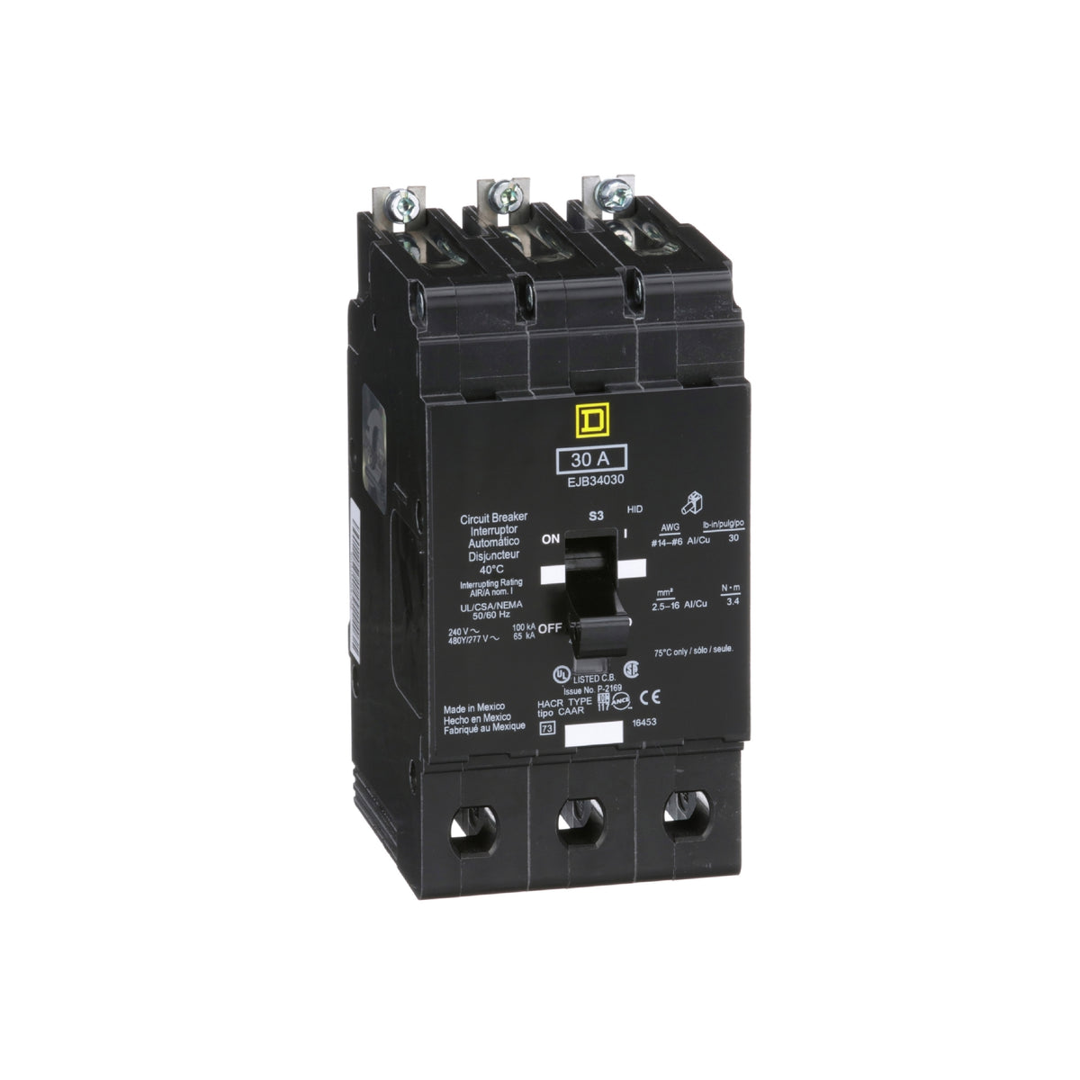 Interruptor Mini Atornillable Marco E Square D de 3 Polos, 30A, 480Y/277 VCA y 65/100 kA Schneider Electric EJB34030