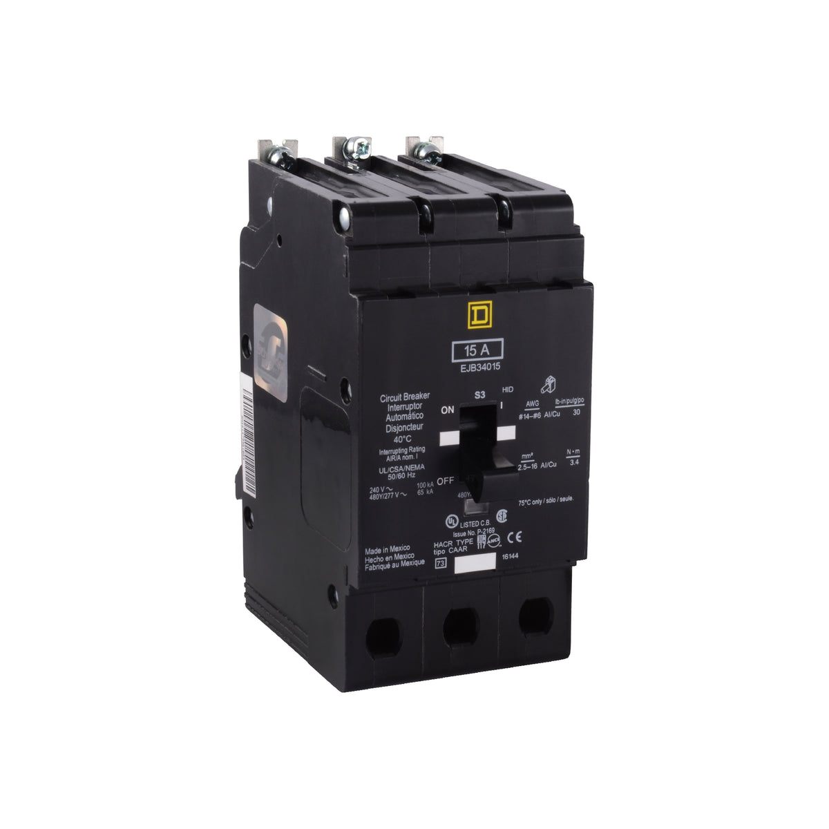 Interruptor Mini Atornillable Marco E Square D de 3 Polos, 30A, 480Y/277 VCA y 65/100 kA Schneider Electric EJB34030
