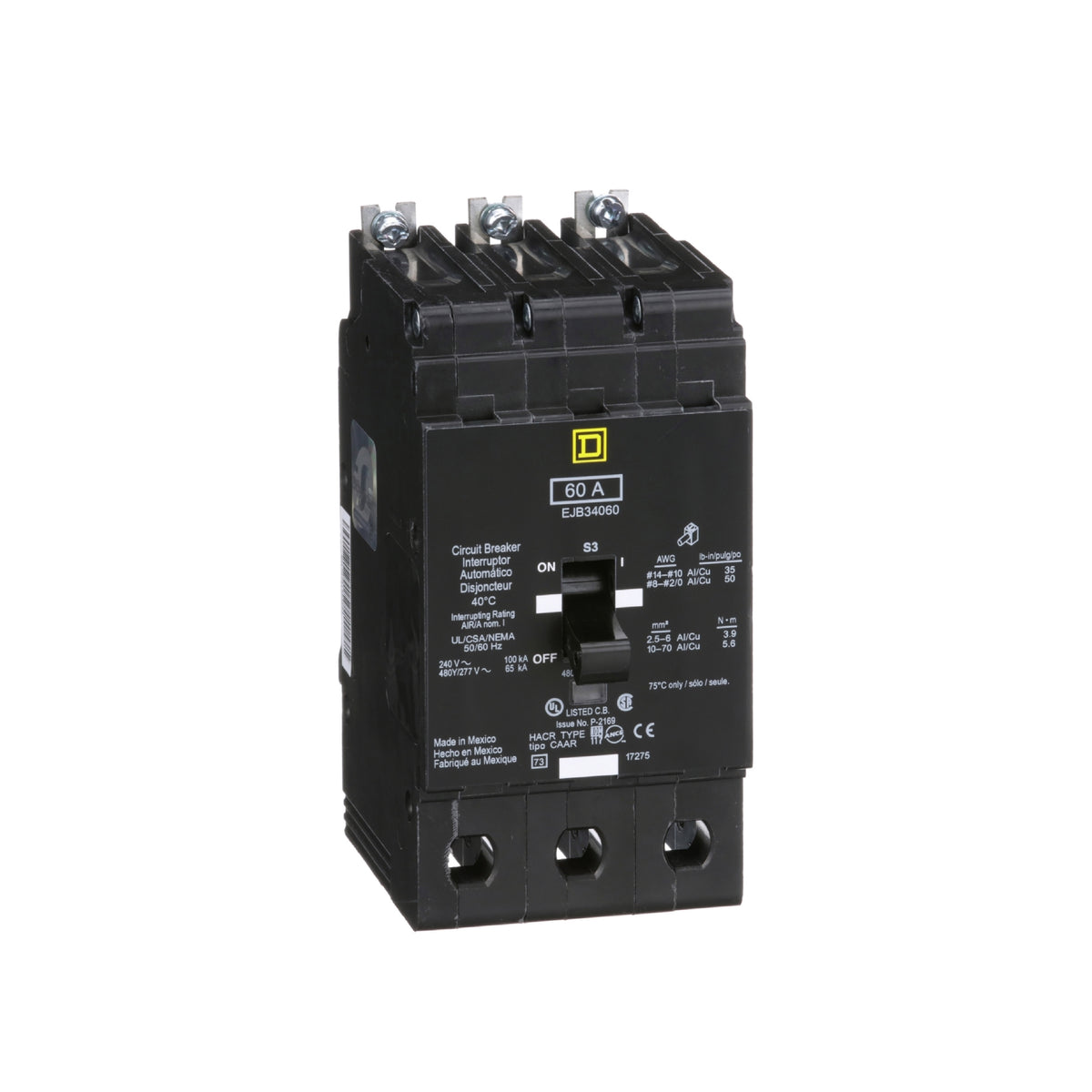 Interruptor Atornillable Marco E-3 P 60 A 480/277 VCA 65/100 kA Schneider Electric EJB34060