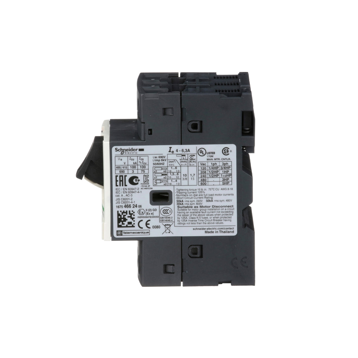 Interruptor de Motor Termomagnético GV2 Ajustable de 4A a 6.3A, 690 VCA, 3 Polos, 100 kA, Conexión por Tornillo Schneider Electric GV2ME10