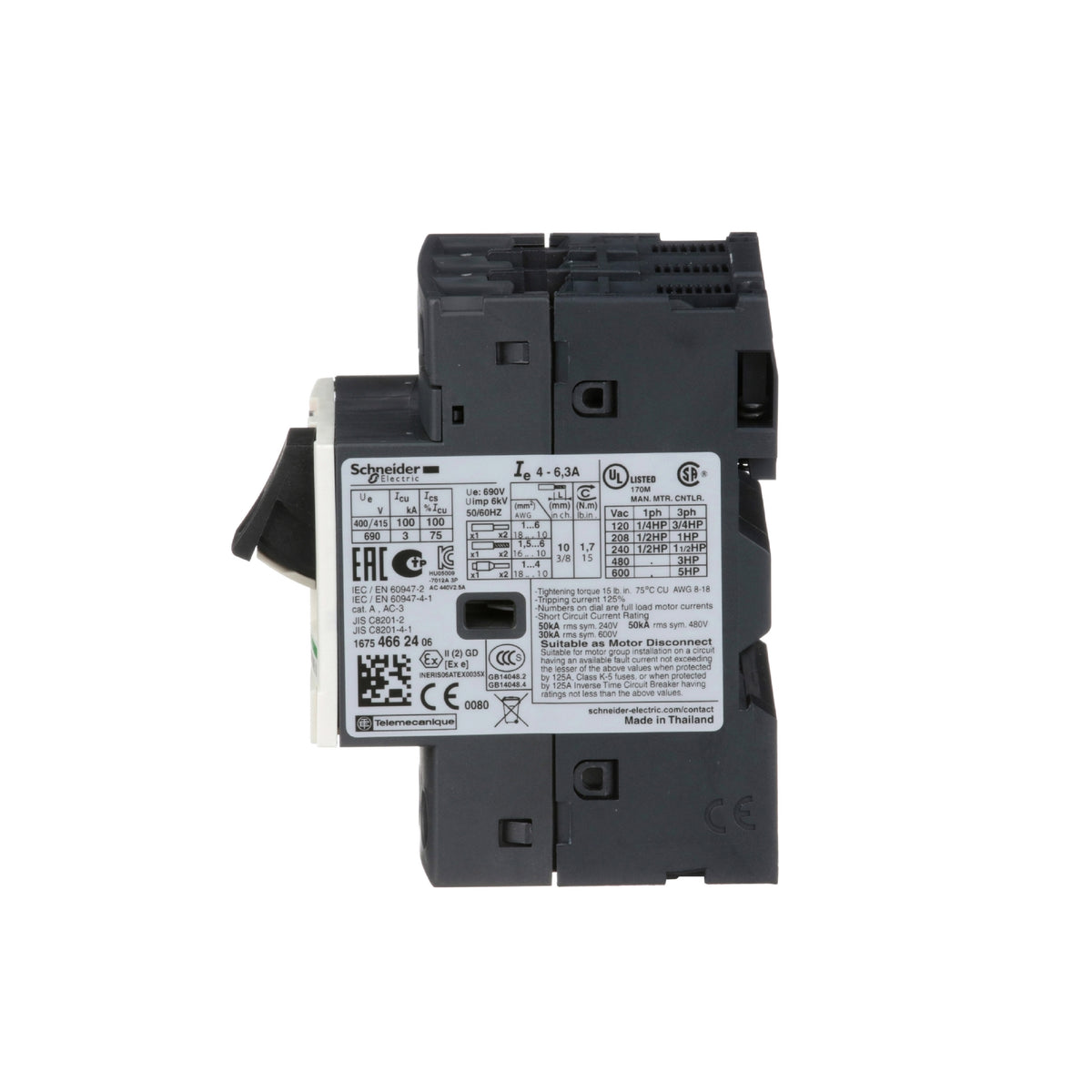Interruptor de Motor Termomagnético GV2 Ajustable de 6A a 10A, 690 VCA, 3 Polos, 100 kA, Conexión por Tornillo Schneider Electric GV2ME14