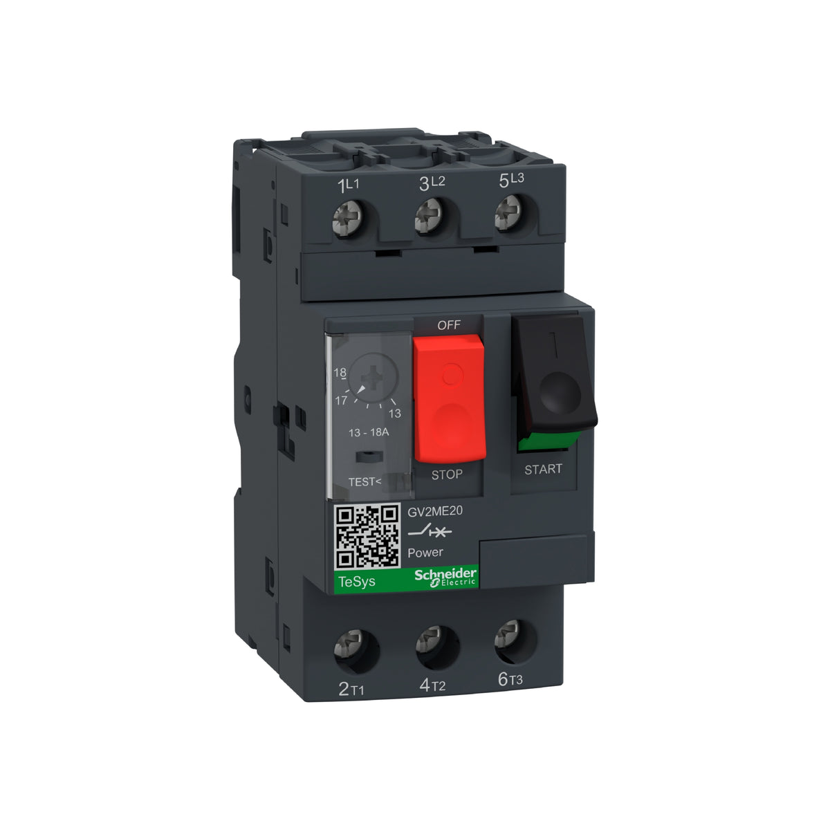 Interruptor de Motor Termomagnético GV2 Ajustable de 13A a 18A, 690 VCA, 3 Polos, 100 kA, Conexión por Tornillo Schneider Electric GV2ME20