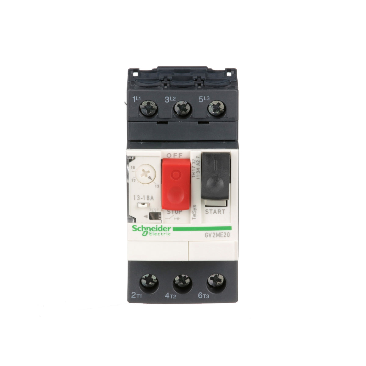 Interruptor de Motor Termomagnético GV2 Ajustable de 13A a 18A, 690 VCA, 3 Polos, 100 kA, Conexión por Tornillo Schneider Electric GV2ME20
