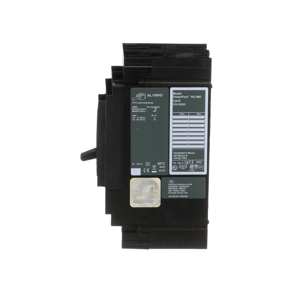 Interruptor termomagnético PowerPacT H, de 20A, 2 polos, 18kA a 600V, I-Line Schneider Electric HDL26020