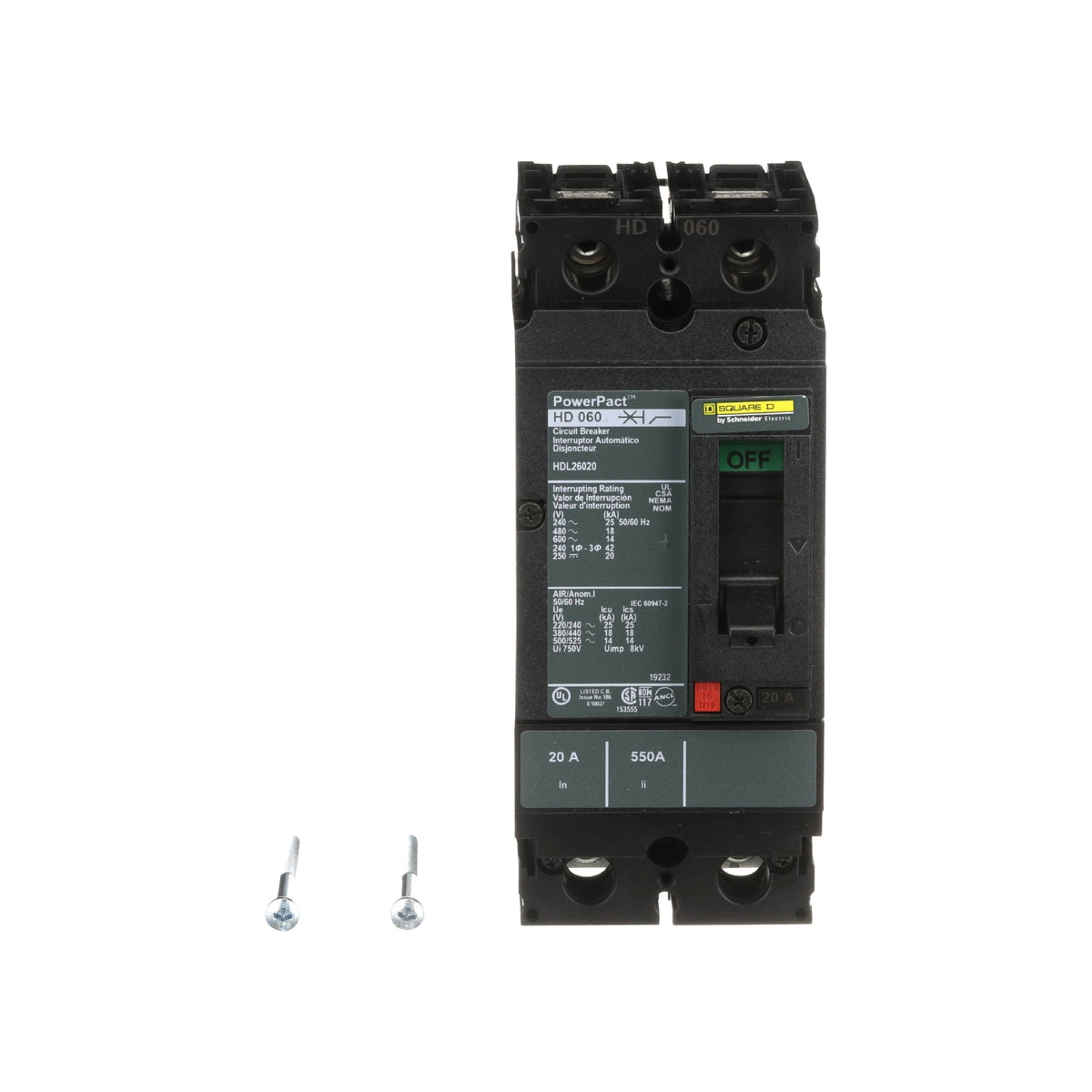 Interruptor termomagnético PowerPacT H, de 20A, 2 polos, 18kA a 600V, I-Line Schneider Electric HDL26020