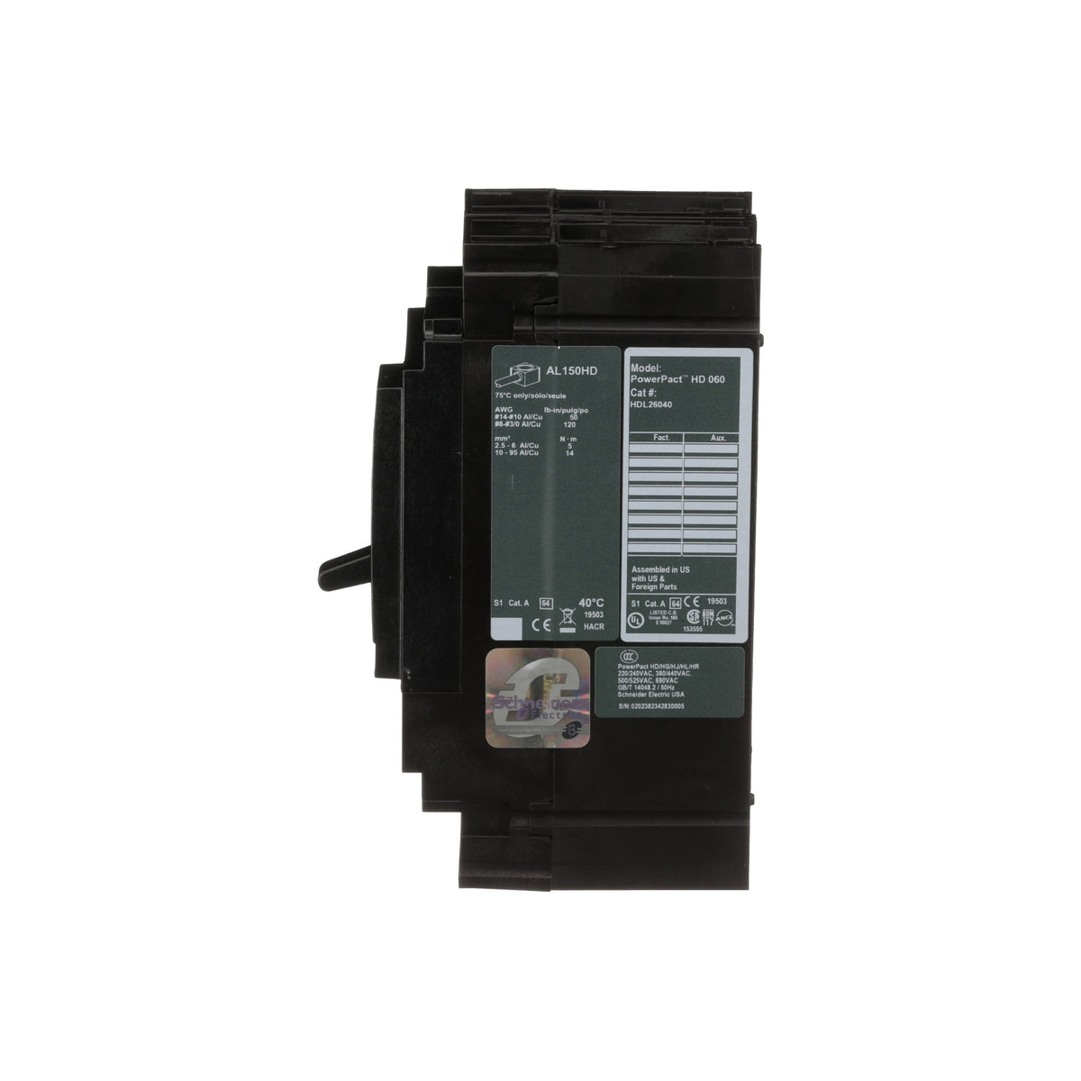 Interruptor termomagnético PowerPacT H, de 40A, 2 polos, 18kA a 600V, I-Line Schneider Electric HDL26040
