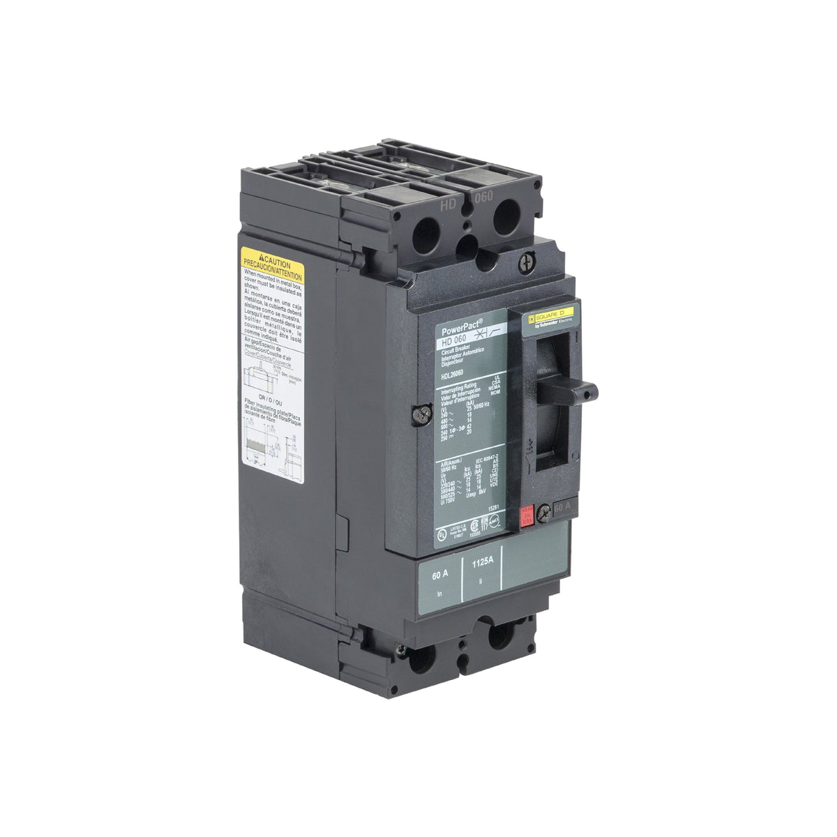 Interruptor termomagnético PowerPacT H, de 60A, 2 polos, 18kA a 600V, I-Line Schneider Electric HDL26060