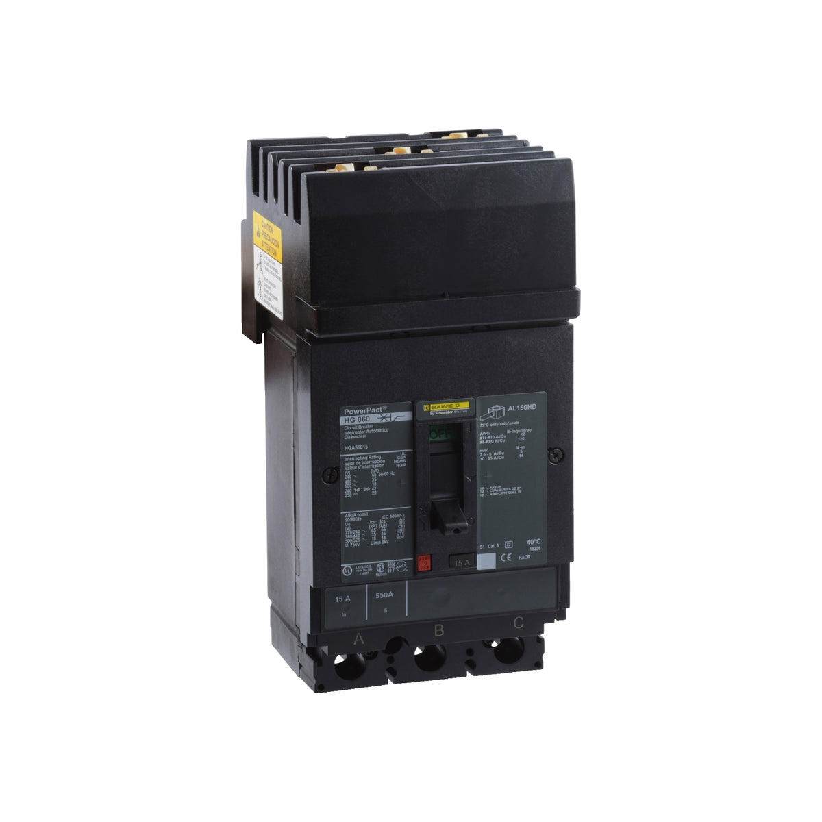 Interruptor termomagnético PowerPacT H, de 15A, 3 polos, 35kA a 600V, I-Line Schneider Electric HGA36015