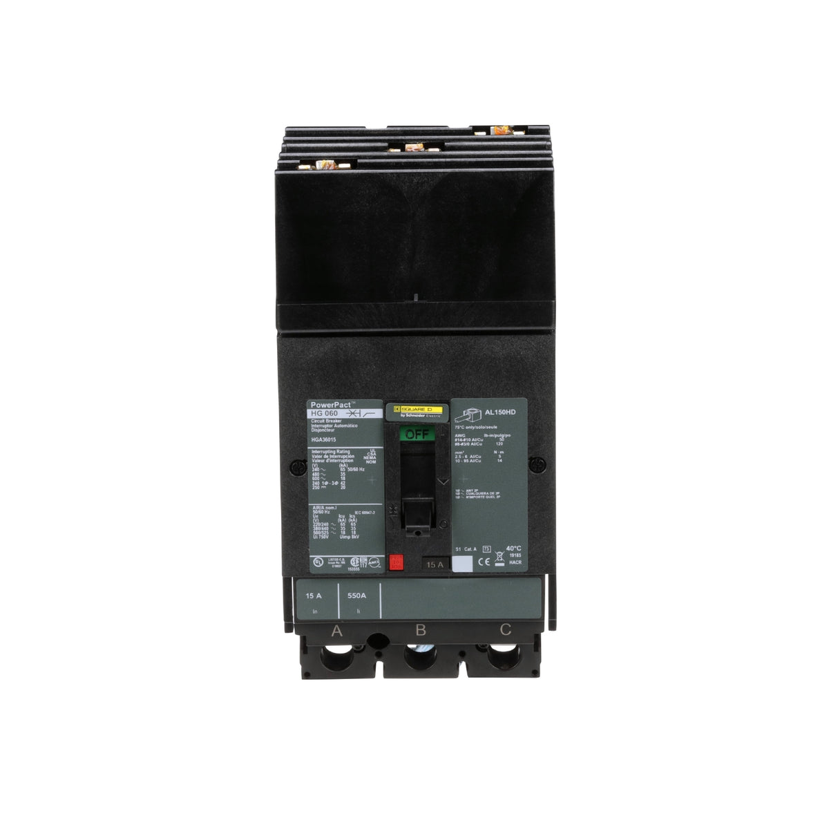 Interruptor termomagnético PowerPacT H, de 15A, 3 polos, 35kA a 600V, I-Line Schneider Electric HGA36015