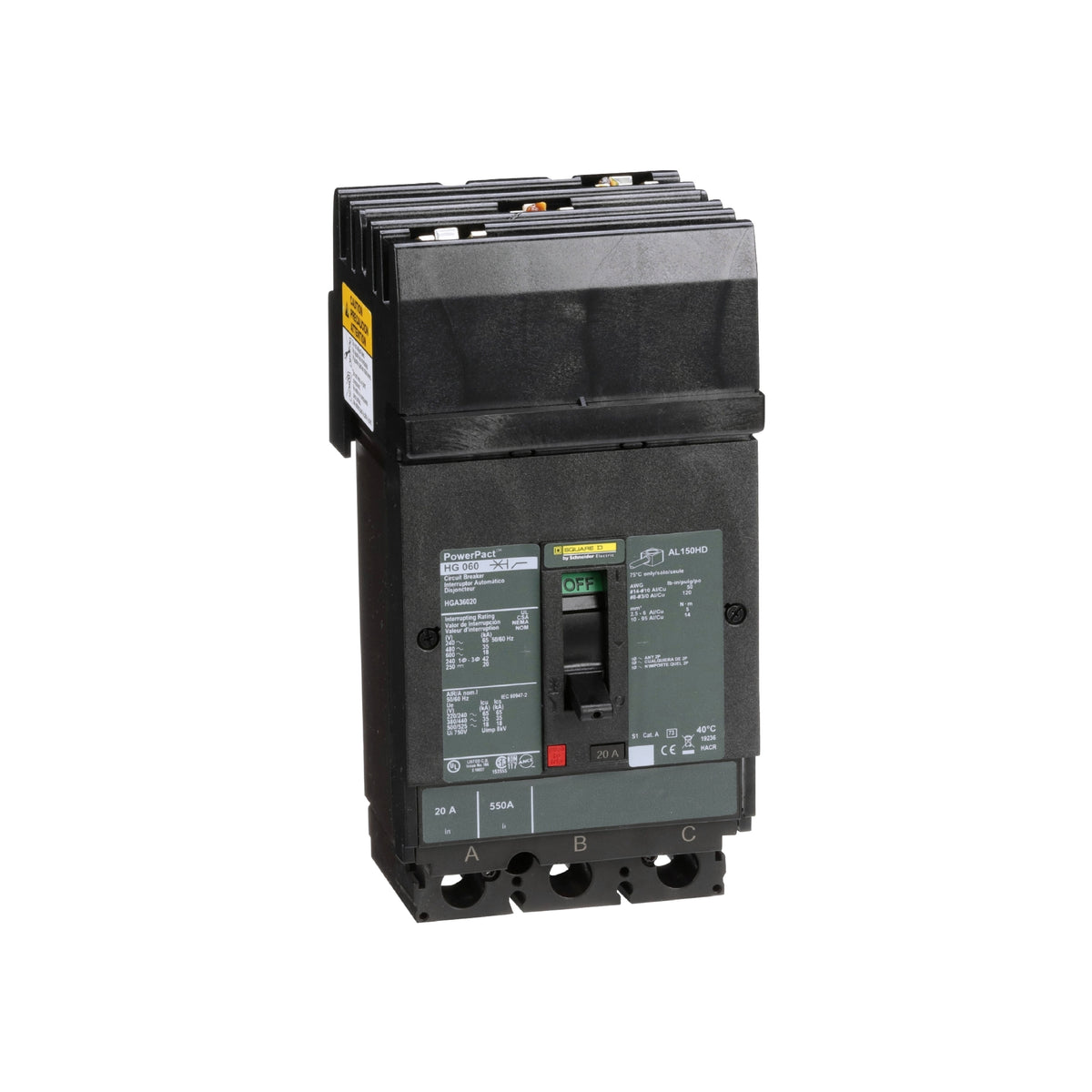 Interruptor termomagnético PowerPacT H, de 20A, 3 polos, 35kA a 600V, I-Line Schneider Electric HGA36020