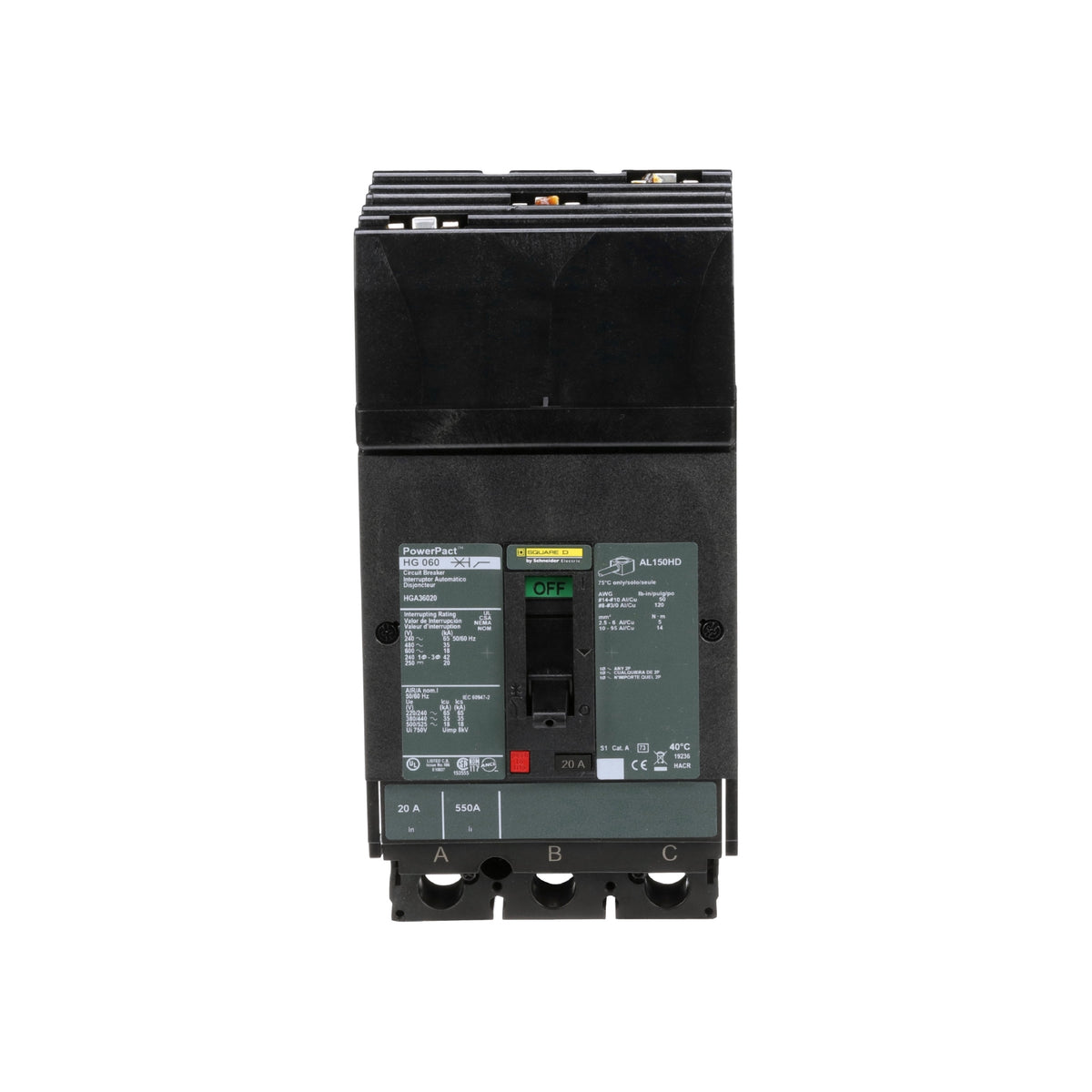 Interruptor termomagnético PowerPacT H, de 20A, 3 polos, 35kA a 600V, I-Line Schneider Electric HGA36020