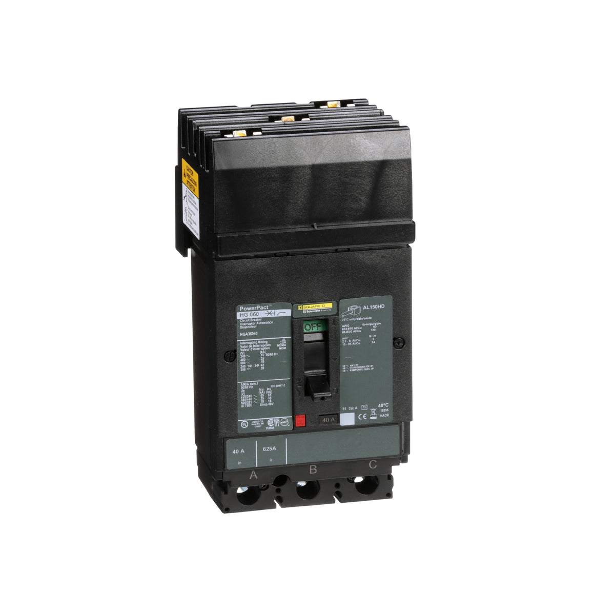 Interruptor termomagnético PowerPacT H, de 40A, 3 polos, 35kA a 600V, I-Line Schneider Electric HGA36040