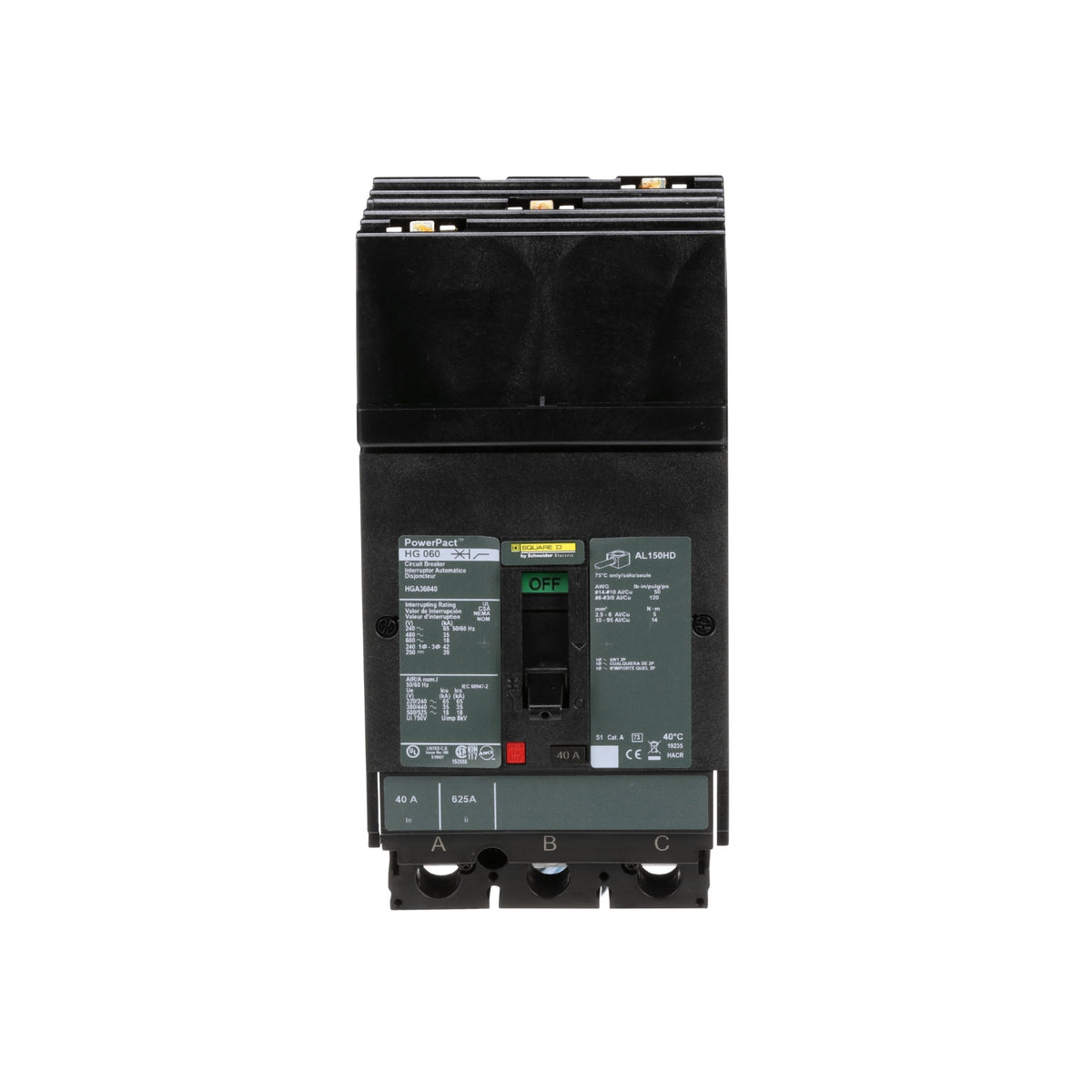 Interruptor termomagnético PowerPacT H, de 40A, 3 polos, 35kA a 600V, I-Line Schneider Electric HGA36040
