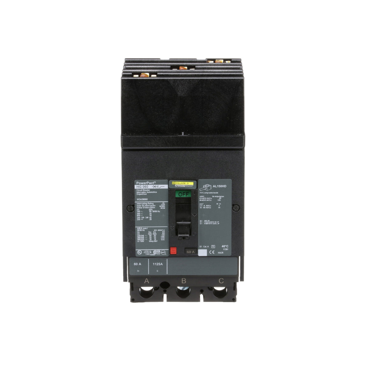 Interruptor termomagnético PowerPacT H, de 60A, 3 polos, 35kA a 600V, I-Line Schneider Electric HGA36060