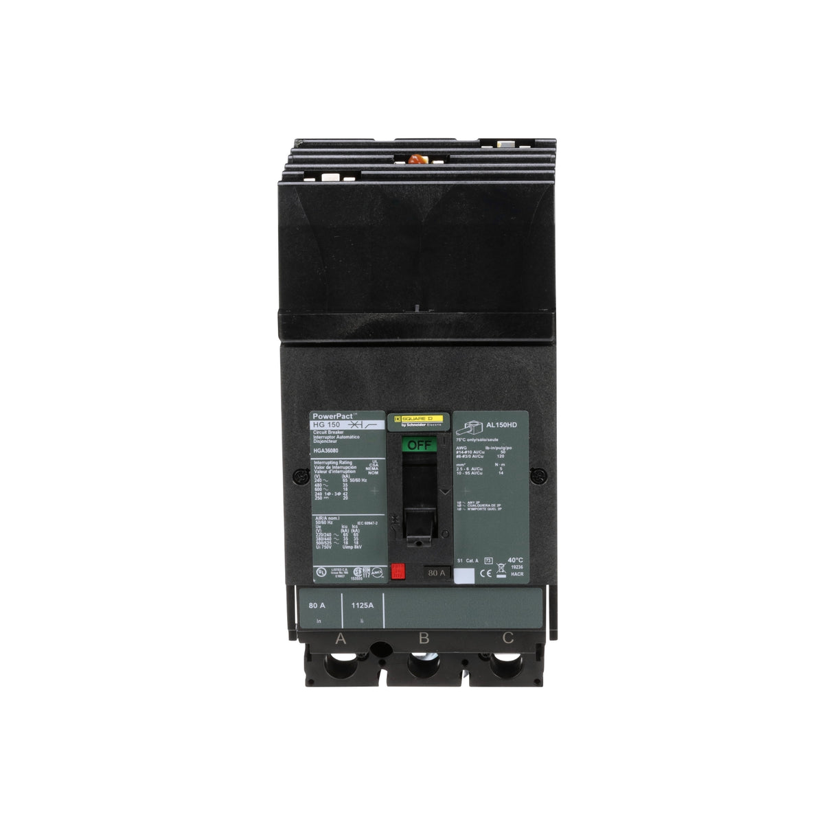 Interruptor termomagnético PowerPacT H, de 80A, 3 polos, 35kA a 600V, I-Line Schneider Electric HGA36080