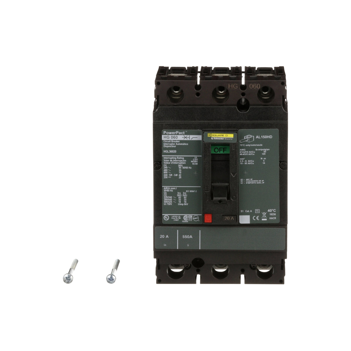 Interruptor termomagnético PowerPacT H, de 20A, 3 polos, 35kA a 600V, I-Line Schneider Electric HGL36020