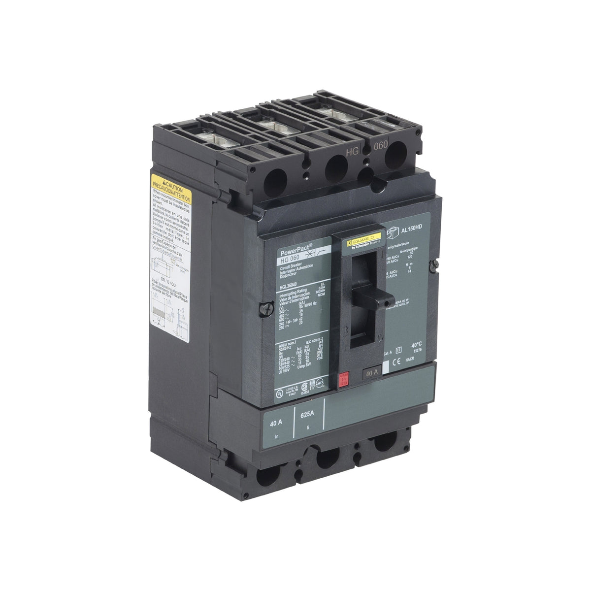 Interruptor termomagnético PowerPacT H, de 40A, 3 polos, 35kA a 600V, I-Line Schneider Electric HGL36040