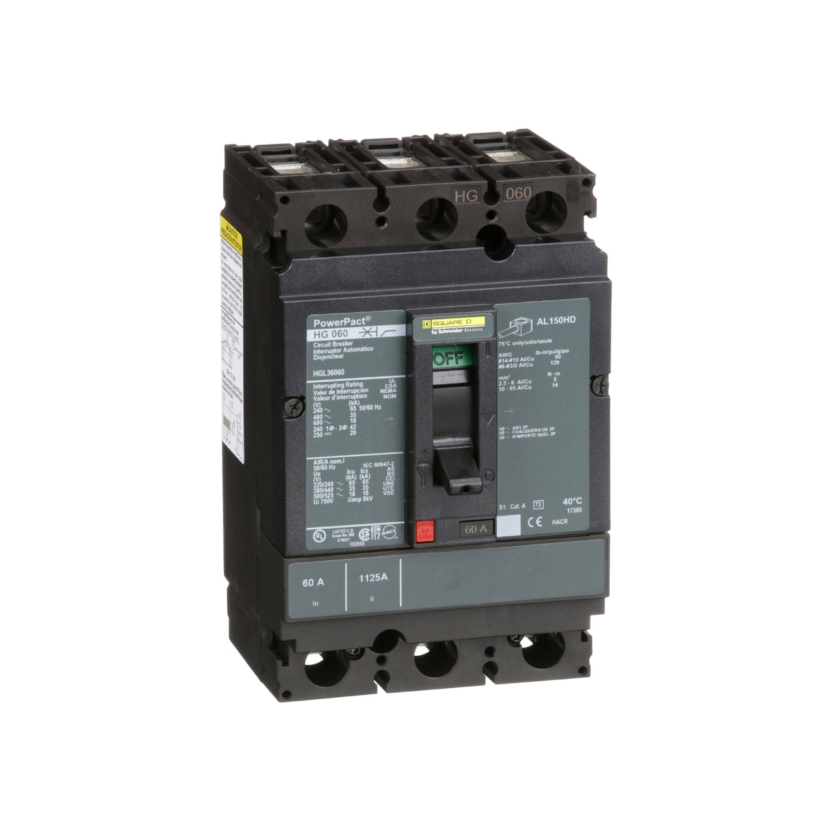Interruptor termomagnético PowerPacT H, de 60A, 3 polos, 35kA a 600V, I-Line Schneider Electric HGL36060