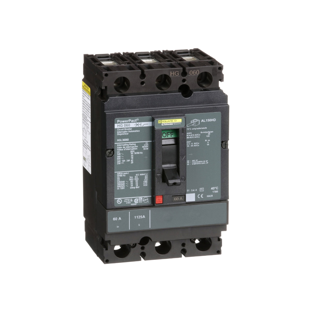 Interruptor termomagnético PowerPacT H, de 60A, 3 polos, 35kA a 600V, I-Line Schneider Electric HGL36060