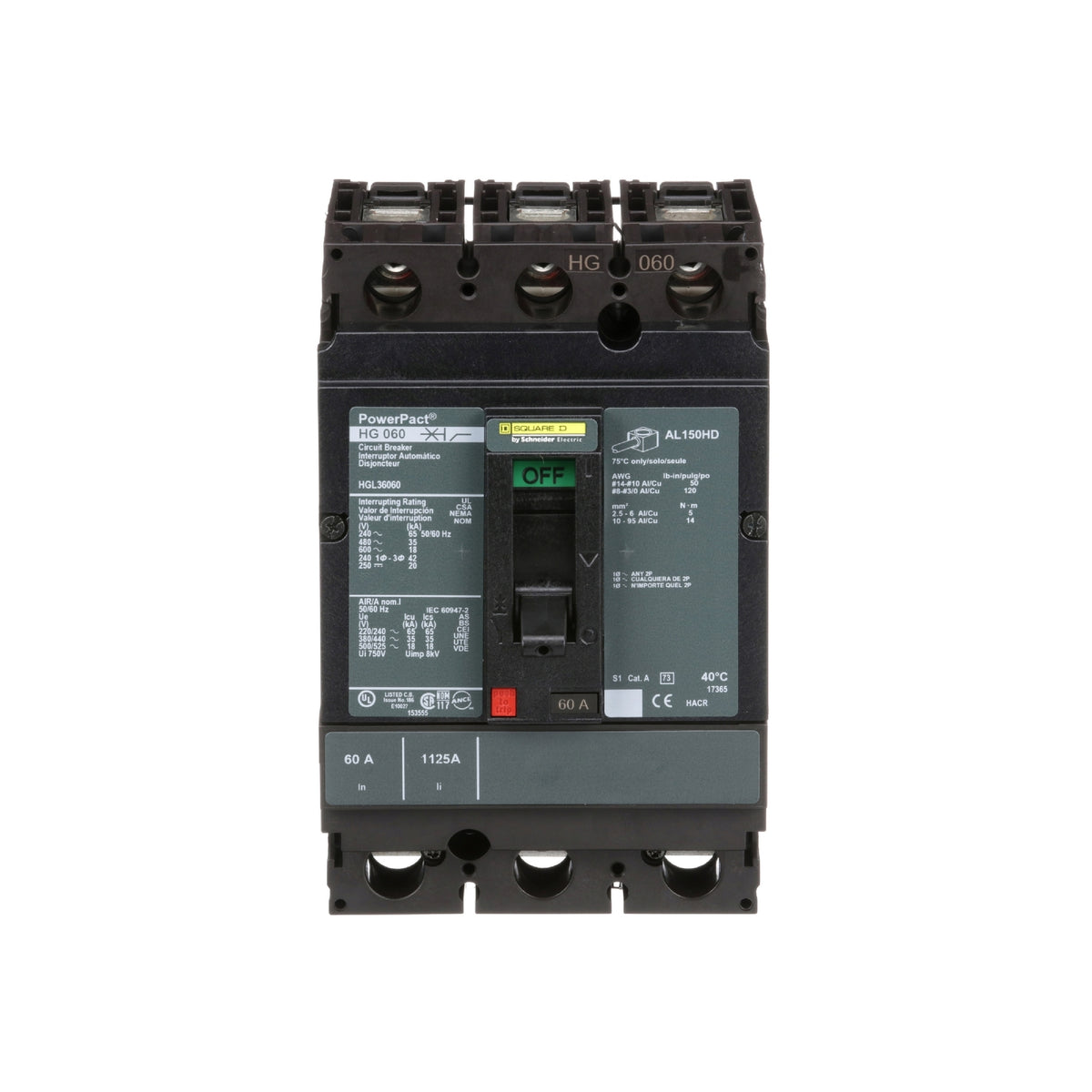 Interruptor termomagnético PowerPacT H, de 60A, 3 polos, 35kA a 600V, I-Line Schneider Electric HGL36060