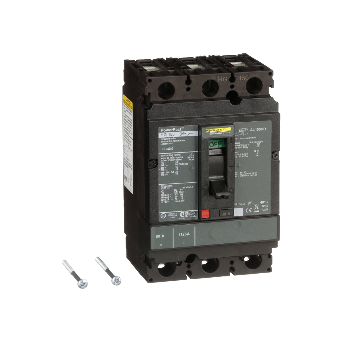 Interruptor termomagnético PowerPacT H, de 80A, 3 polos, 35kA a 600V, I-Line Schneider Electric HGL36080