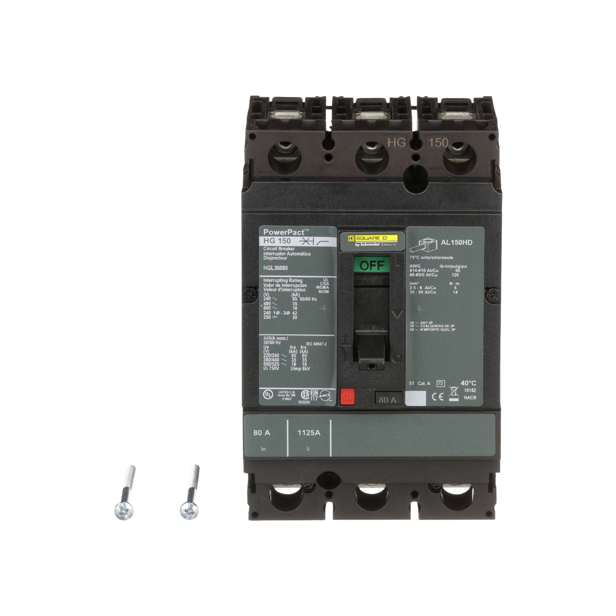 Interruptor termomagnético PowerPacT H, de 80A, 3 polos, 35kA a 600V, I-Line Schneider Electric HGL36080