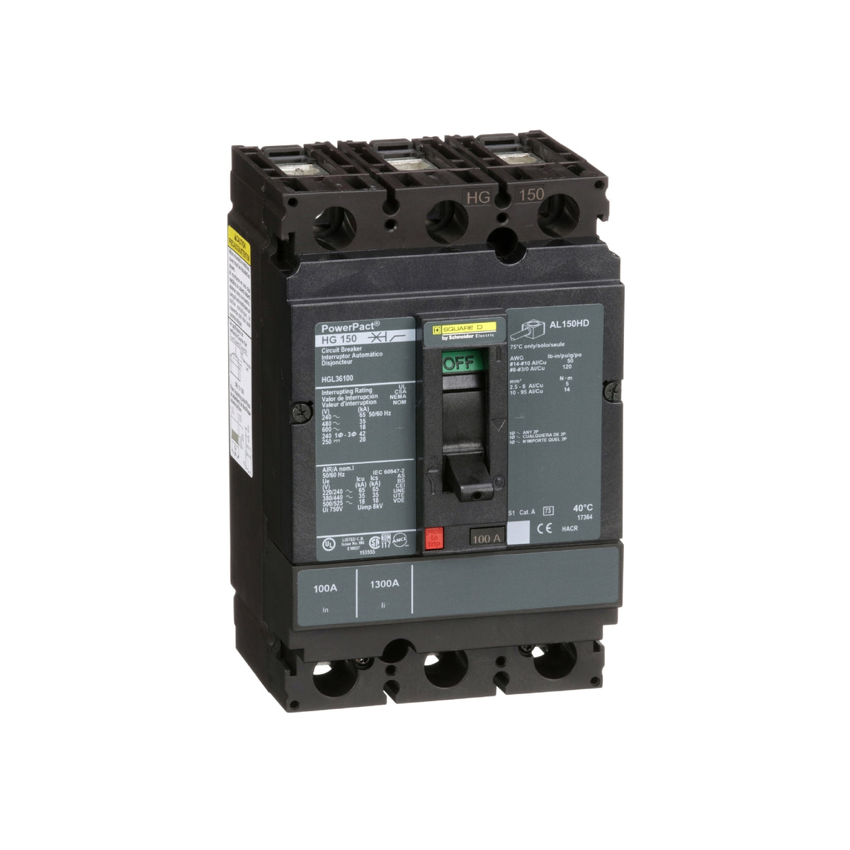 Interruptor termomagnético PowerPacT H, de 100A, 3 polos, 18kA a 600V, I-Line Schneider Electric HGL36100