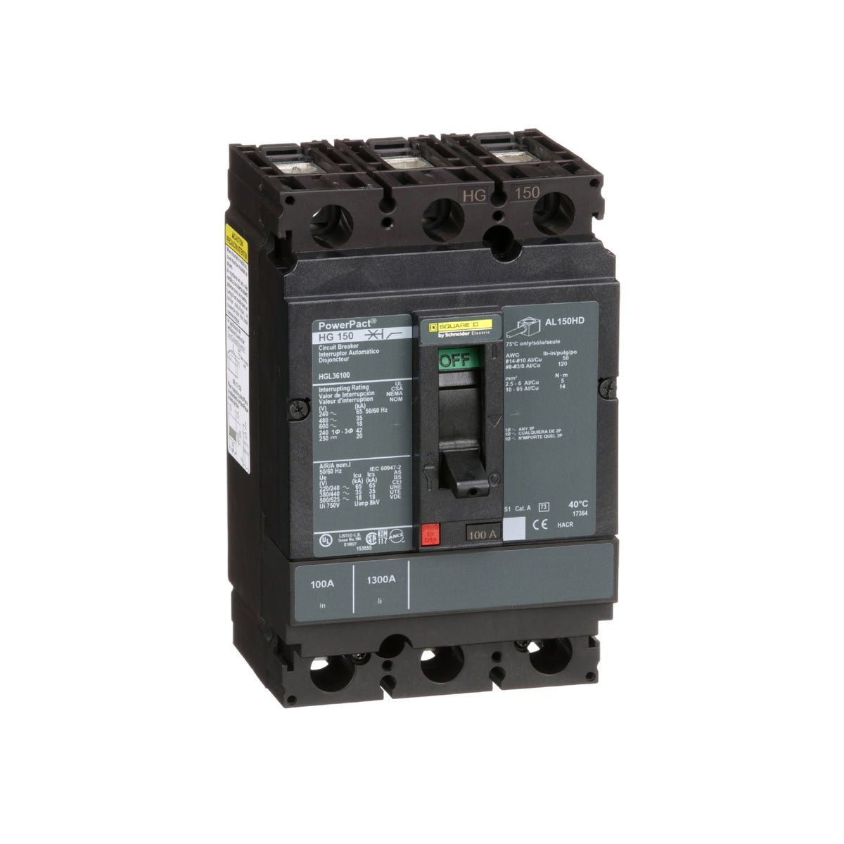 Interruptor termomagnético PowerPacT H, de 100A, 3 polos, 18kA a 600V, I-Line Schneider Electric HGL36100