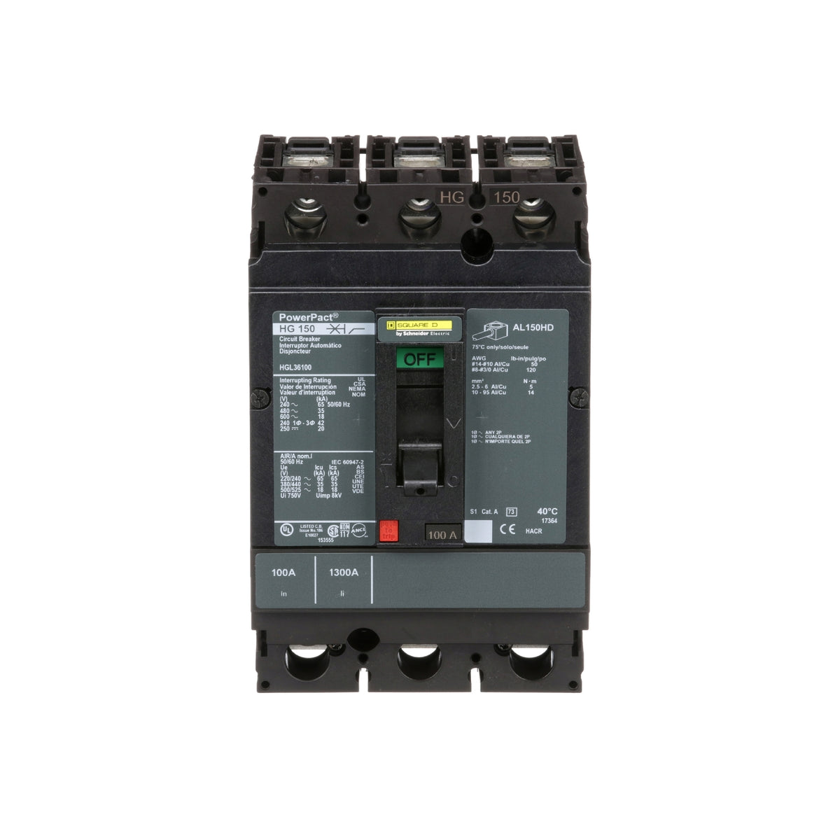 Interruptor termomagnético PowerPacT H, de 100A, 3 polos, 18kA a 600V, I-Line Schneider Electric HGL36100