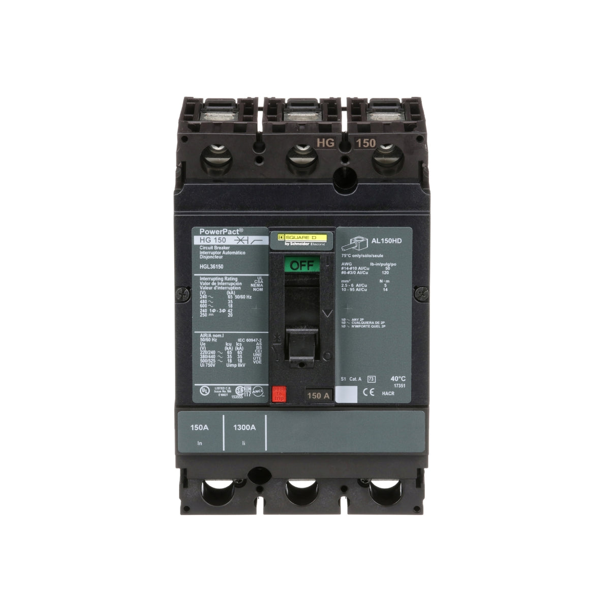 Interruptor termomagnético PowerPacT H, de 150A, 3 polos, 35kA a 600V, I-Line Schneider Electric HGL36150