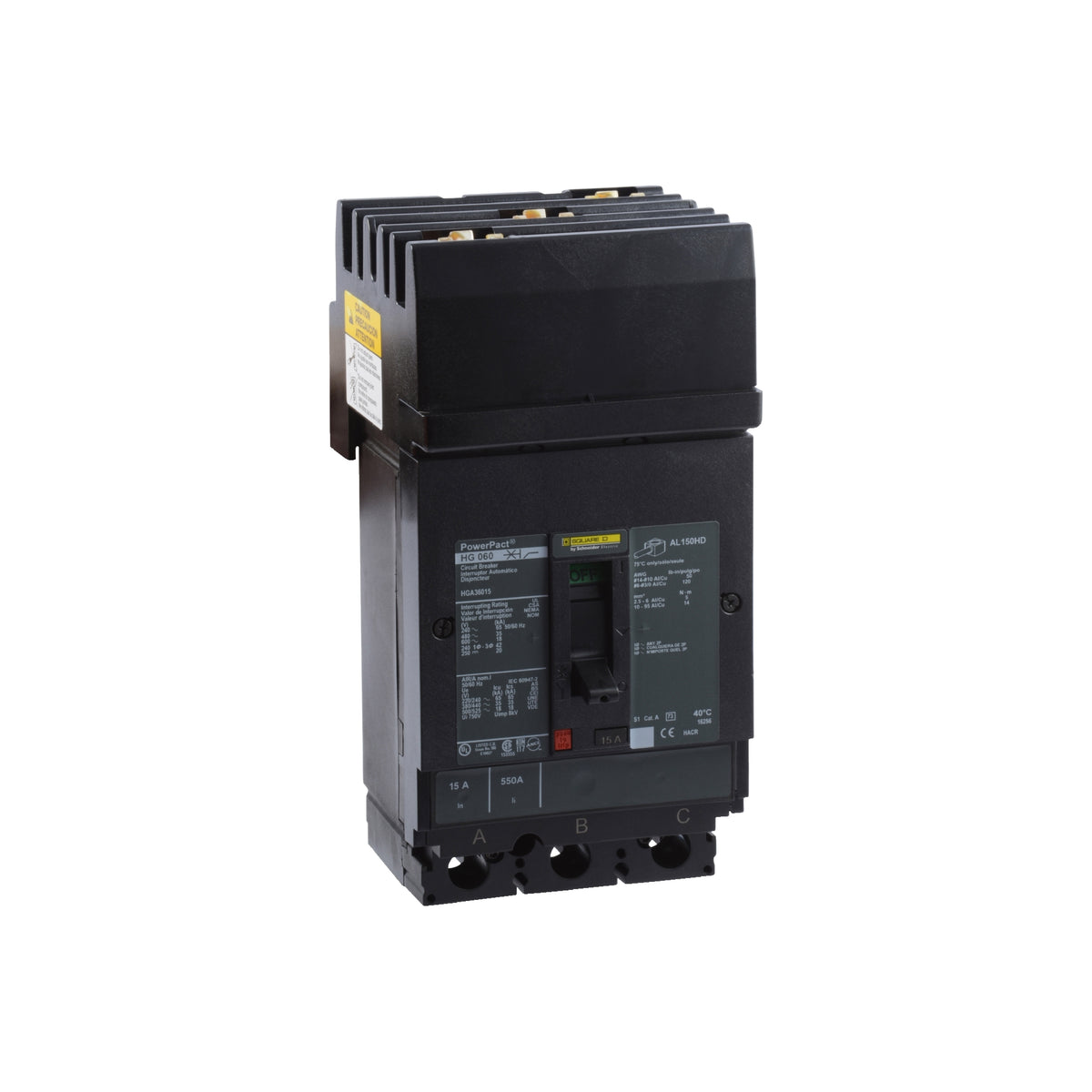 Interruptor termomagnético PowerPacT H, de 15A, 3 polos, 25kA a 600V, I-Line Schneider Electric HJA36015