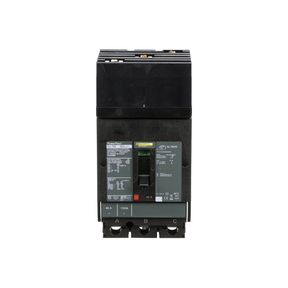 Interruptor termomagnético PowerPacT H, de 80A, 3 polos, 25kA a 600V, I-Line Schneider Electric HJA36080